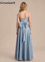 Geranium Dusty Blue Satin A-Line Bridesmaid Dress with Cowl Neck & Bow Back – Elegant Floor Length Evening Gown KD-155