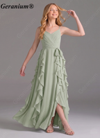 Geranium Sage Green Chiffon Junior Bridesmaid Dress with Ruffle Skirt – Spaghetti Strap V-Neck Teen Formal Dress KD-57