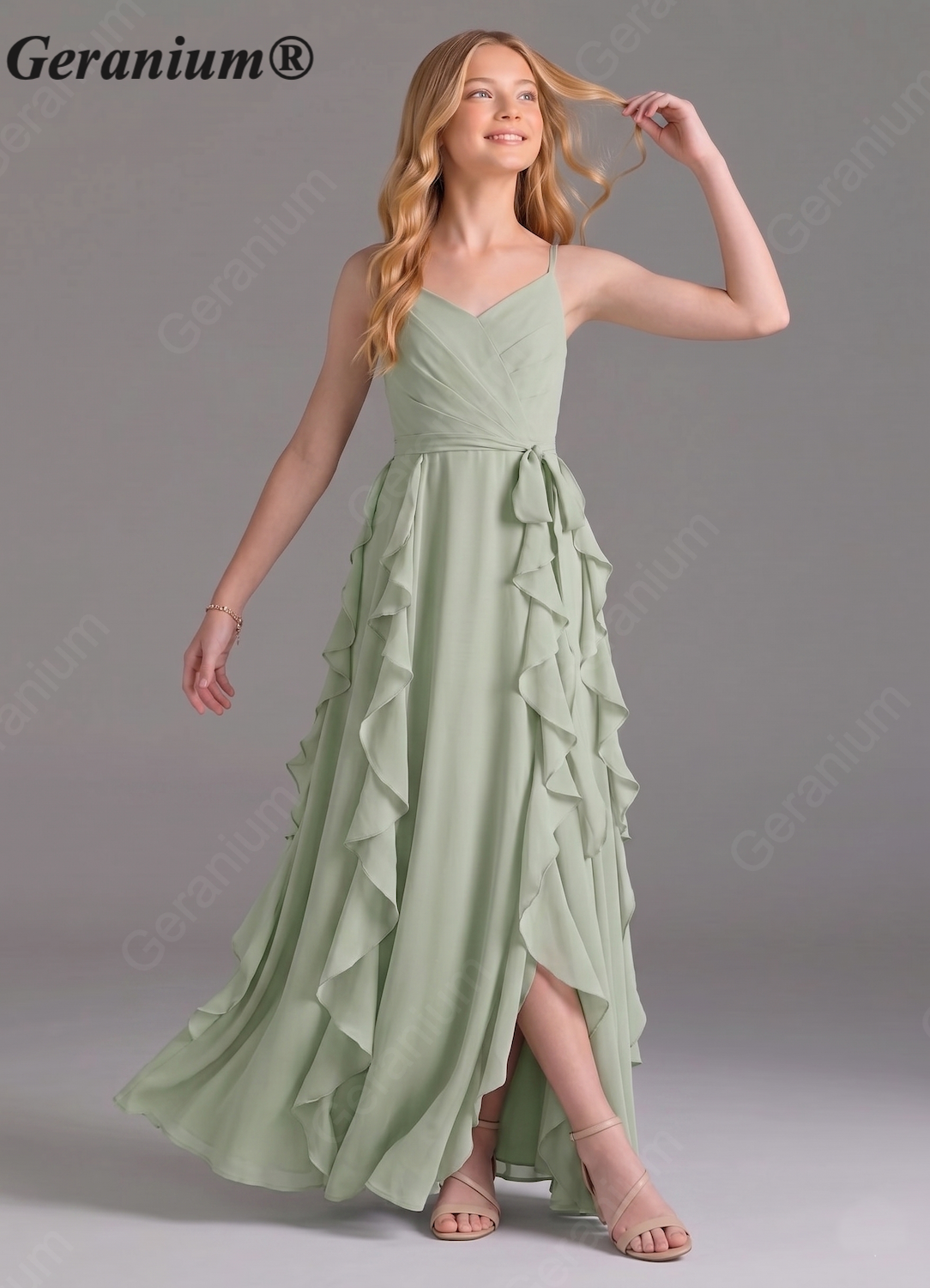 Geranium Sage Green Chiffon Junior Bridesmaid Dress with Ruffle Skirt – Spaghetti Strap V-Neck Teen Formal Dress KD-57