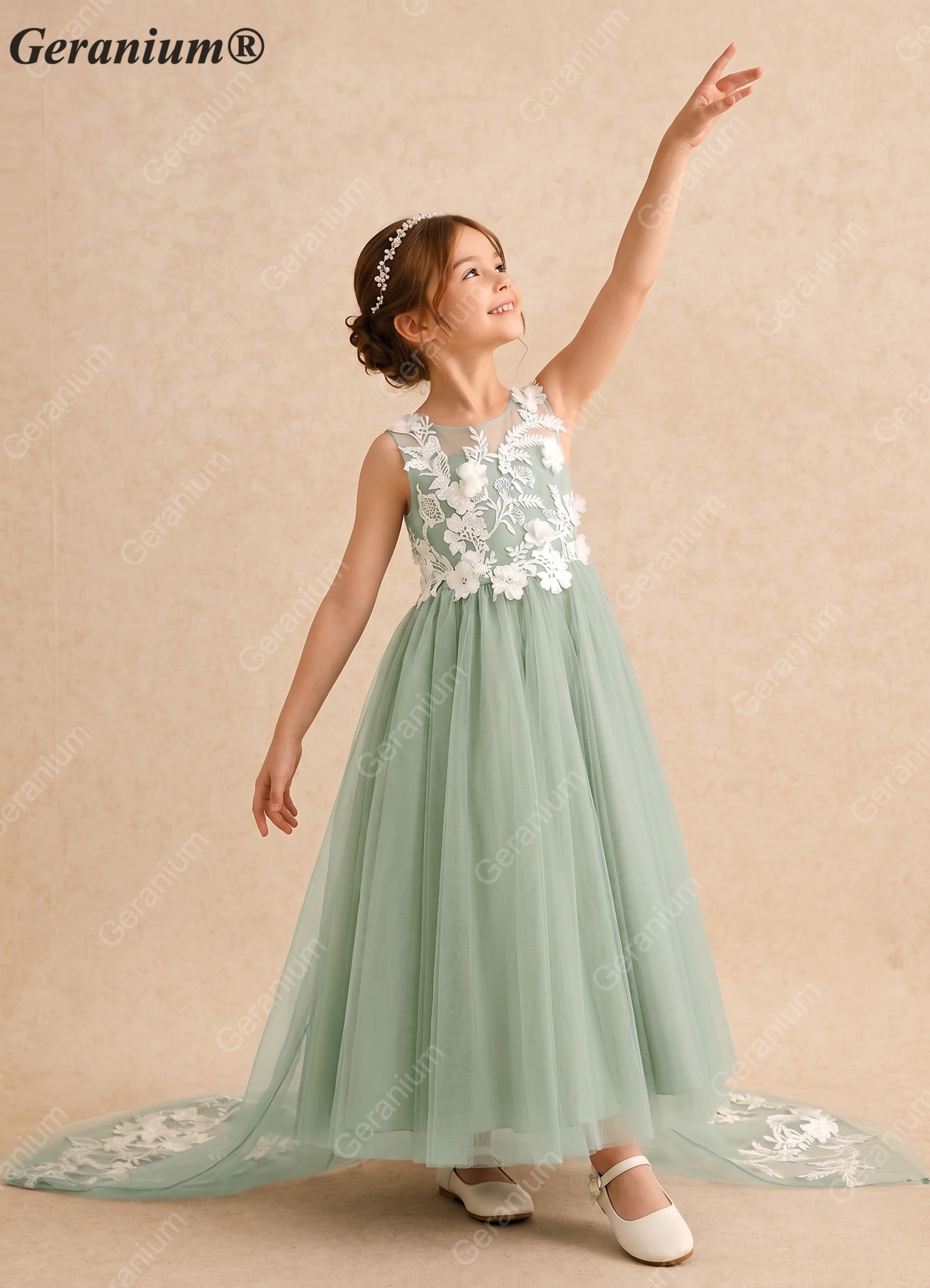 Geranium Enchanting Sage Green Tulle Flower Girl Dress with Floral Appliqués & Grand Bow Train KD-180 Secondary image