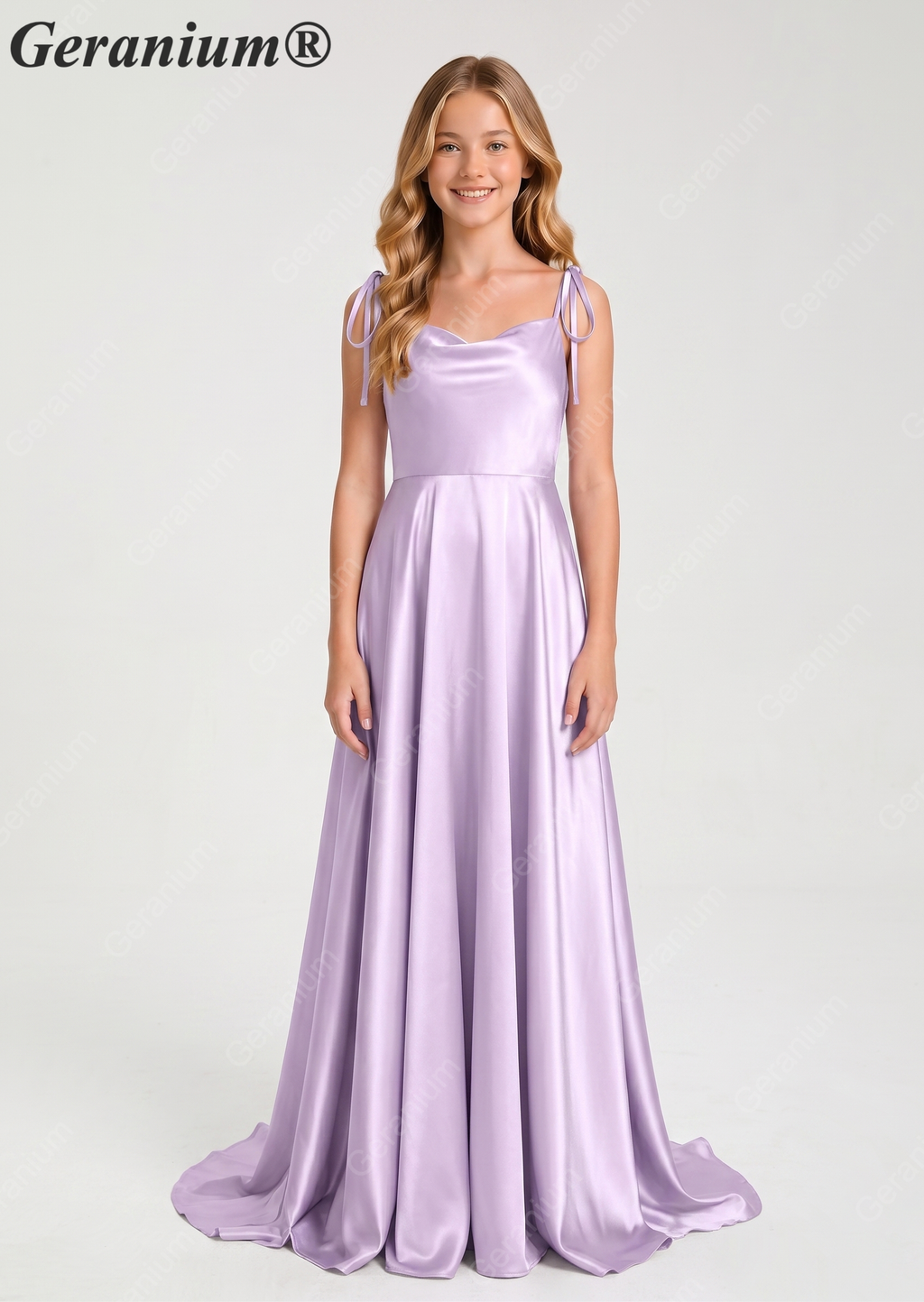 Geranium Elegant Sage Green Satin Cowl Neck Junior Bridesmaid Dress with Tie Straps KD-333