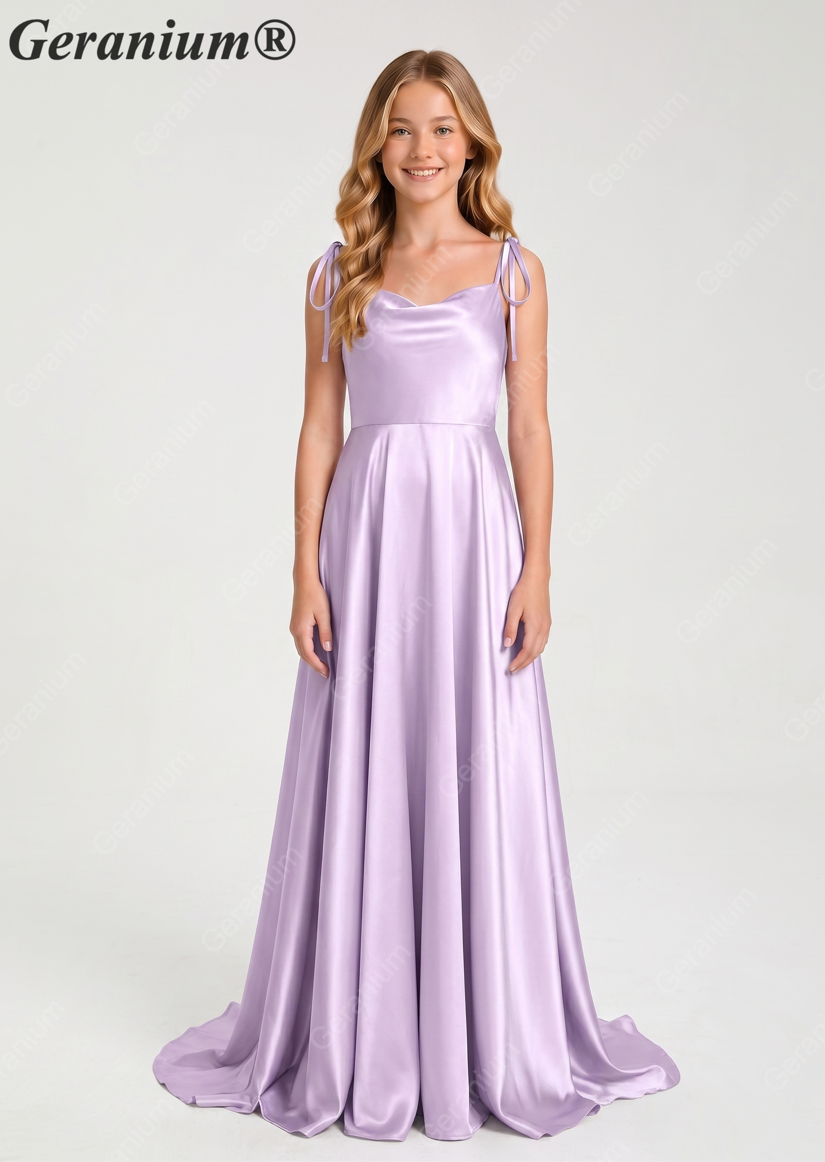 Geranium Elegant Sage Green Satin Cowl Neck Junior Bridesmaid Dress with Tie Straps KD-333