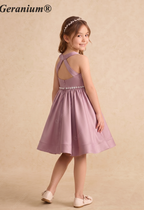 Geranium Girls Mauve Satin Hi-Low Dress with Pearl Waistband & Detachable Ruffled Tulle Train KD-283