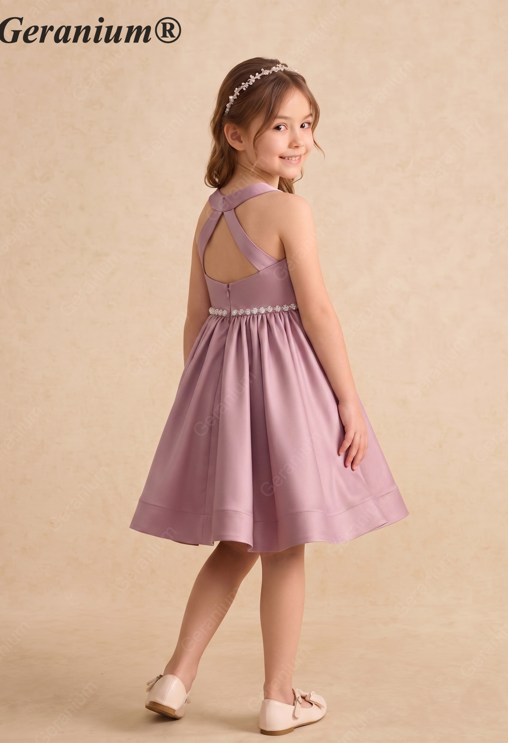 Geranium Girls Mauve Satin Hi-Low Dress with Pearl Waistband & Detachable Ruffled Tulle Train KD-283
