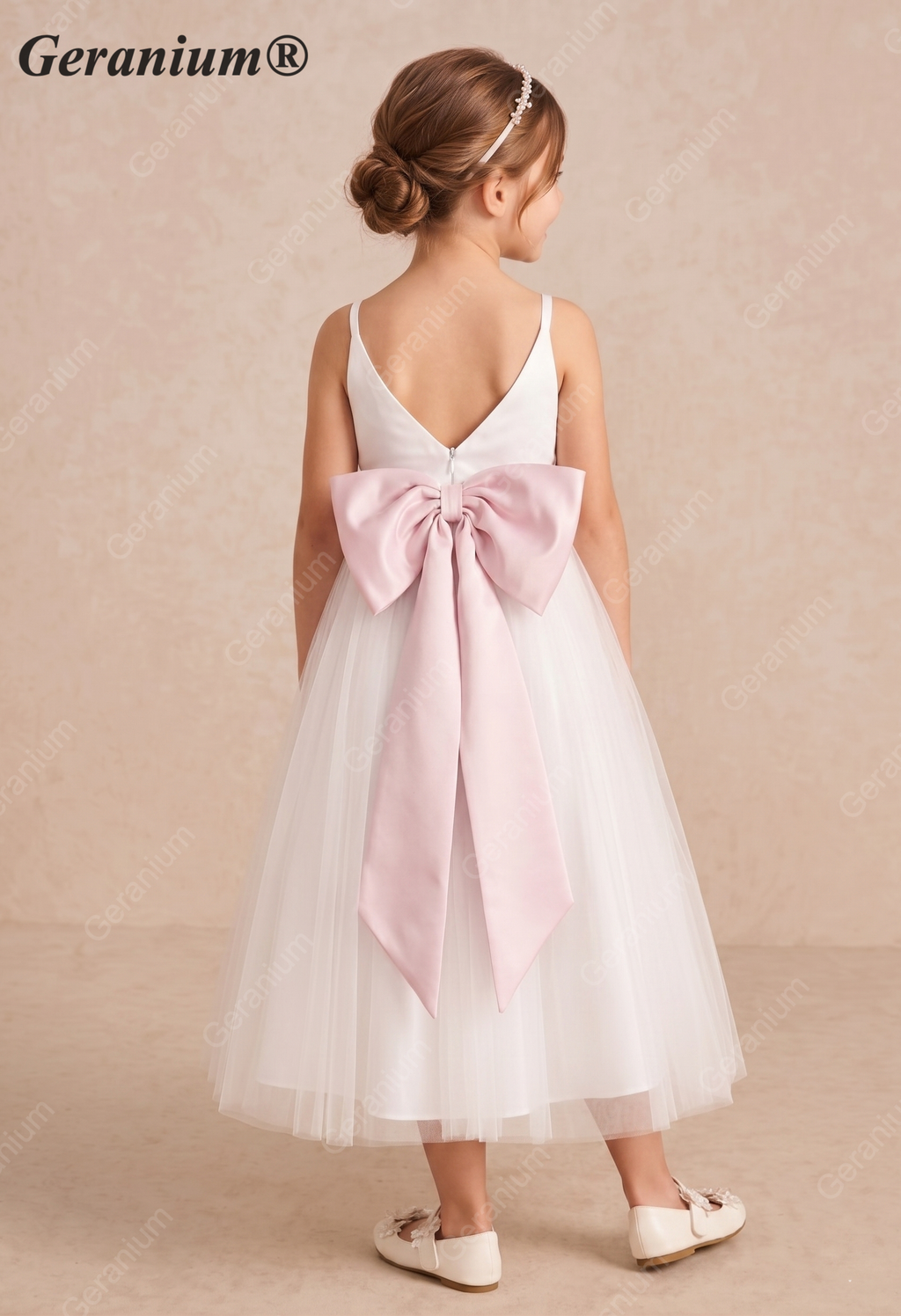 Geranium Elegant V-Neck Tulle Flower Girl Dress with Oversized Satin Back Bow & Pink Sash KD-303