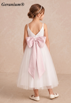 Geranium Elegant V-Neck Tulle Flower Girl Dress with Oversized Satin Back Bow & Pink Sash KD-303