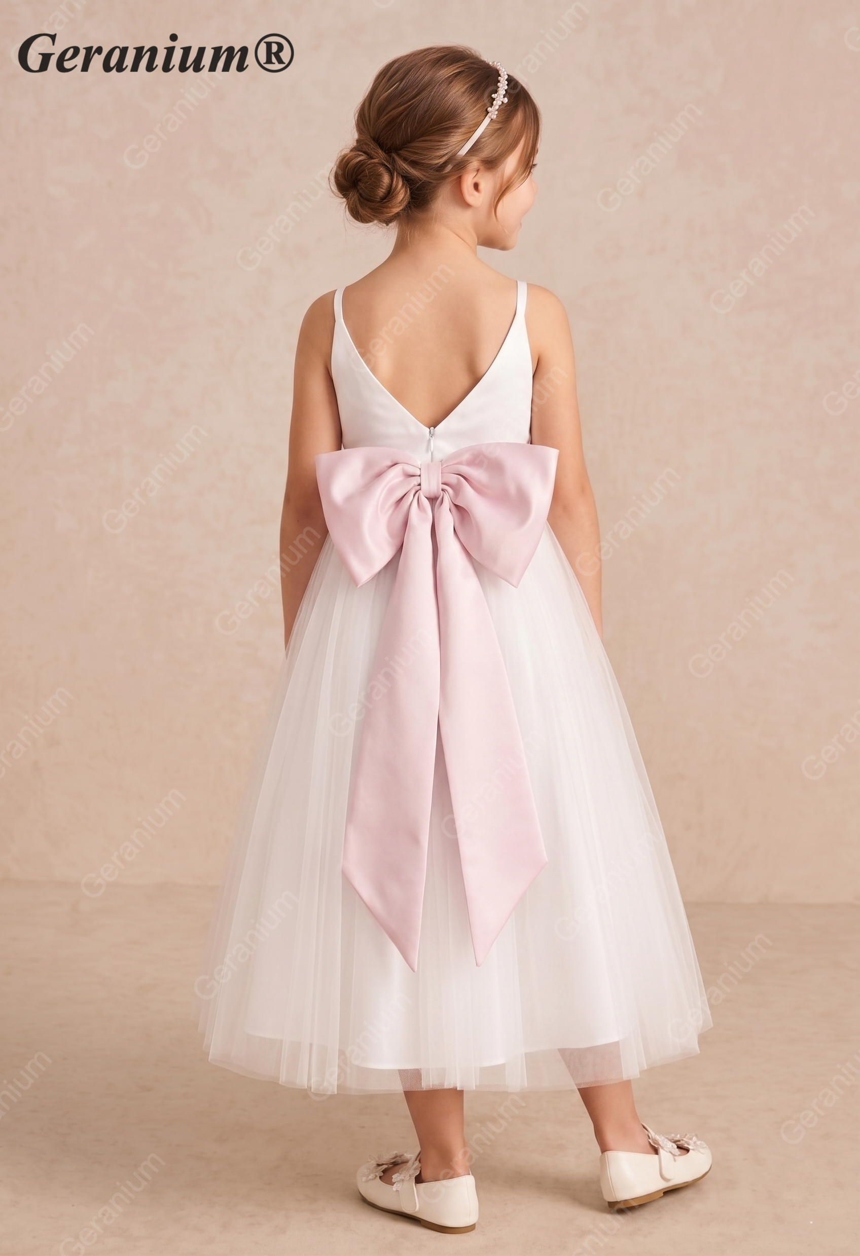 Geranium Elegant V-Neck Tulle Flower Girl Dress with Oversized Satin Back Bow & Pink Sash KD-303