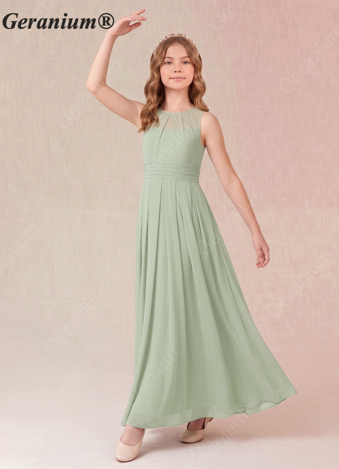 Geranium Sage Green Chiffon Junior Bridesmaid Dress – High Neck Pleated A-Line Floor Length Dress with Open Back KD-157