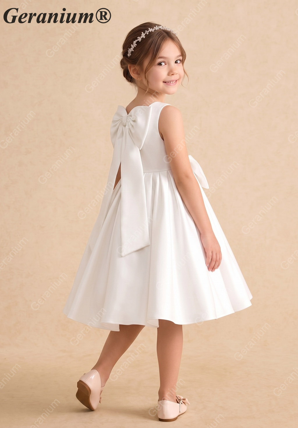Geranium Elegant Big Bow Flower Girl Dress - Pure White Satin A-Line Princess Gown for Weddings & Birthdays KD-230