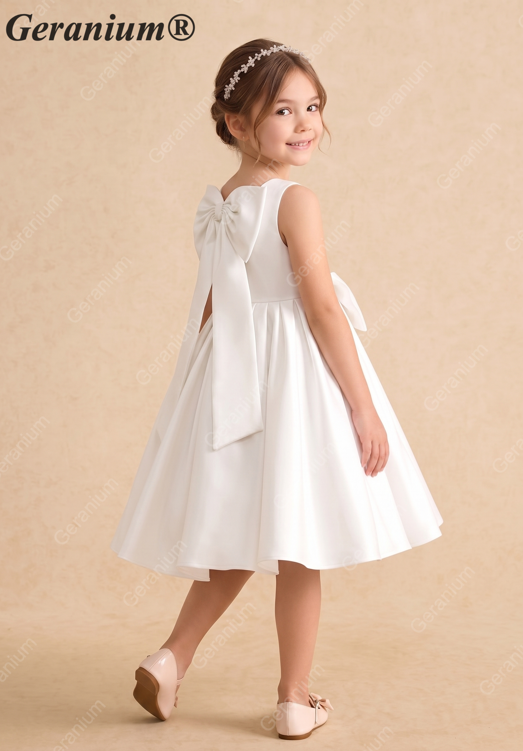 Geranium Elegant Big Bow Flower Girl Dress - Pure White Satin A-Line Princess Gown for Weddings & Birthdays KD-230