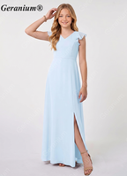 Geranium Light Blue Junior Bridesmaid Dress with Flutter Sleeves V-Neck Chiffon Floor-Length Dress with Slit KD-84