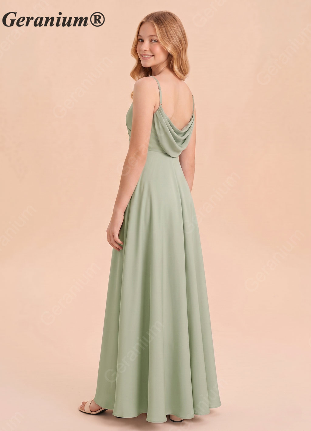 Geranium Sage Green A-Line Satin Bridesmaid Dress with Draped Back & Spaghetti Straps KD-62