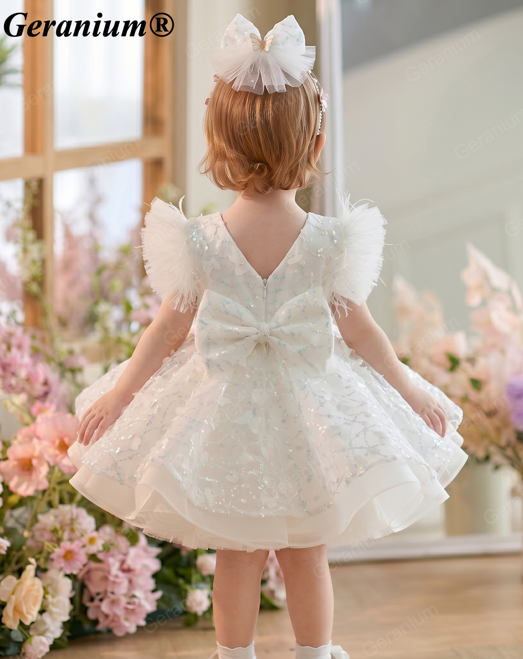 Geranium Sparkling Butterfly Sequined Toddler Formal Dress - Ethereal Feather Sleeve Birthday Gown with Oversized Back Bow KD-362