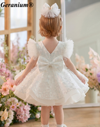 Geranium Sparkling Butterfly Sequined Toddler Formal Dress - Ethereal Feather Sleeve Birthday Gown with Oversized Back Bow KD-362