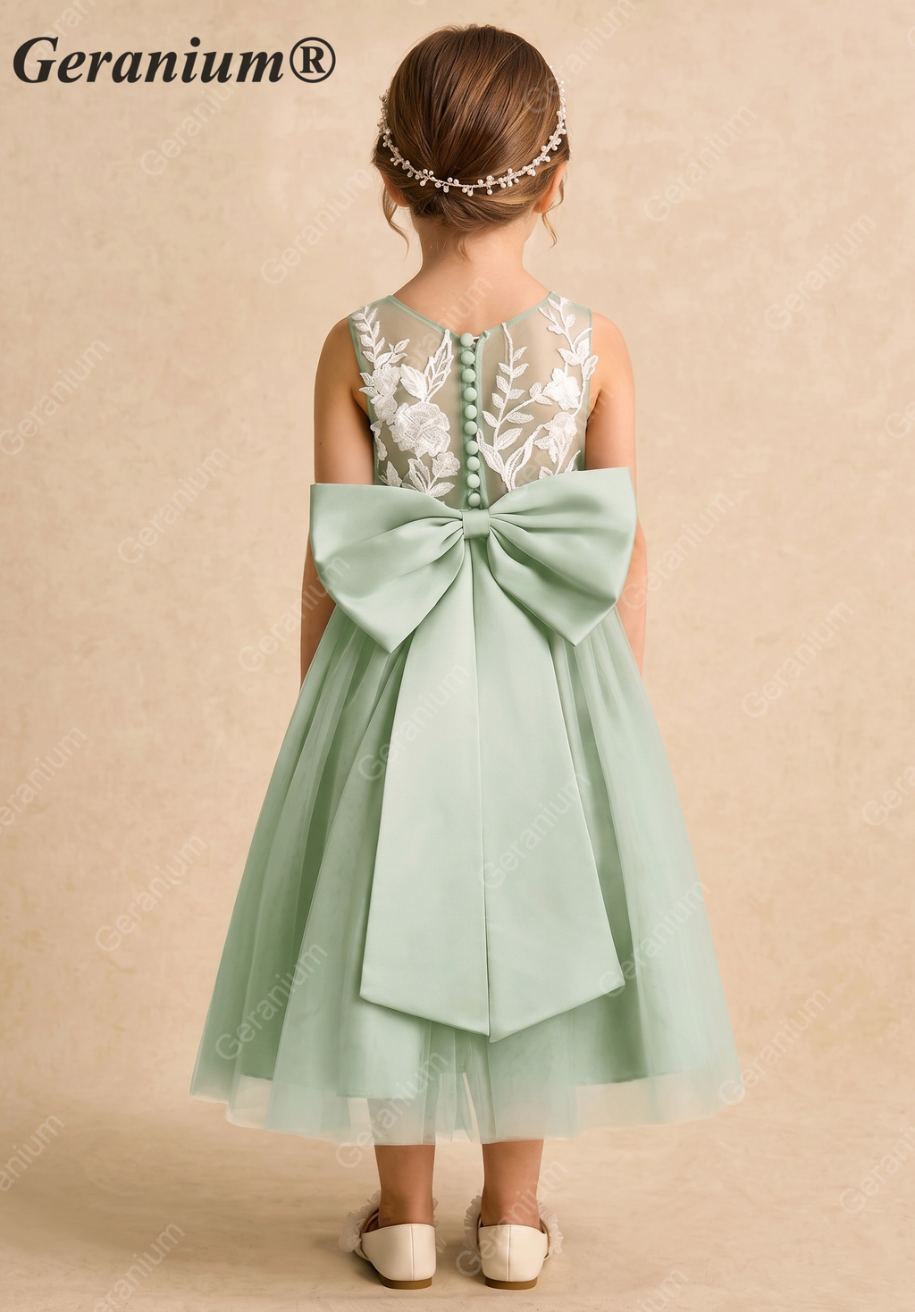 Garanium Sage Green Floral Embroidery Tulle Flower Girl Dress KD-201