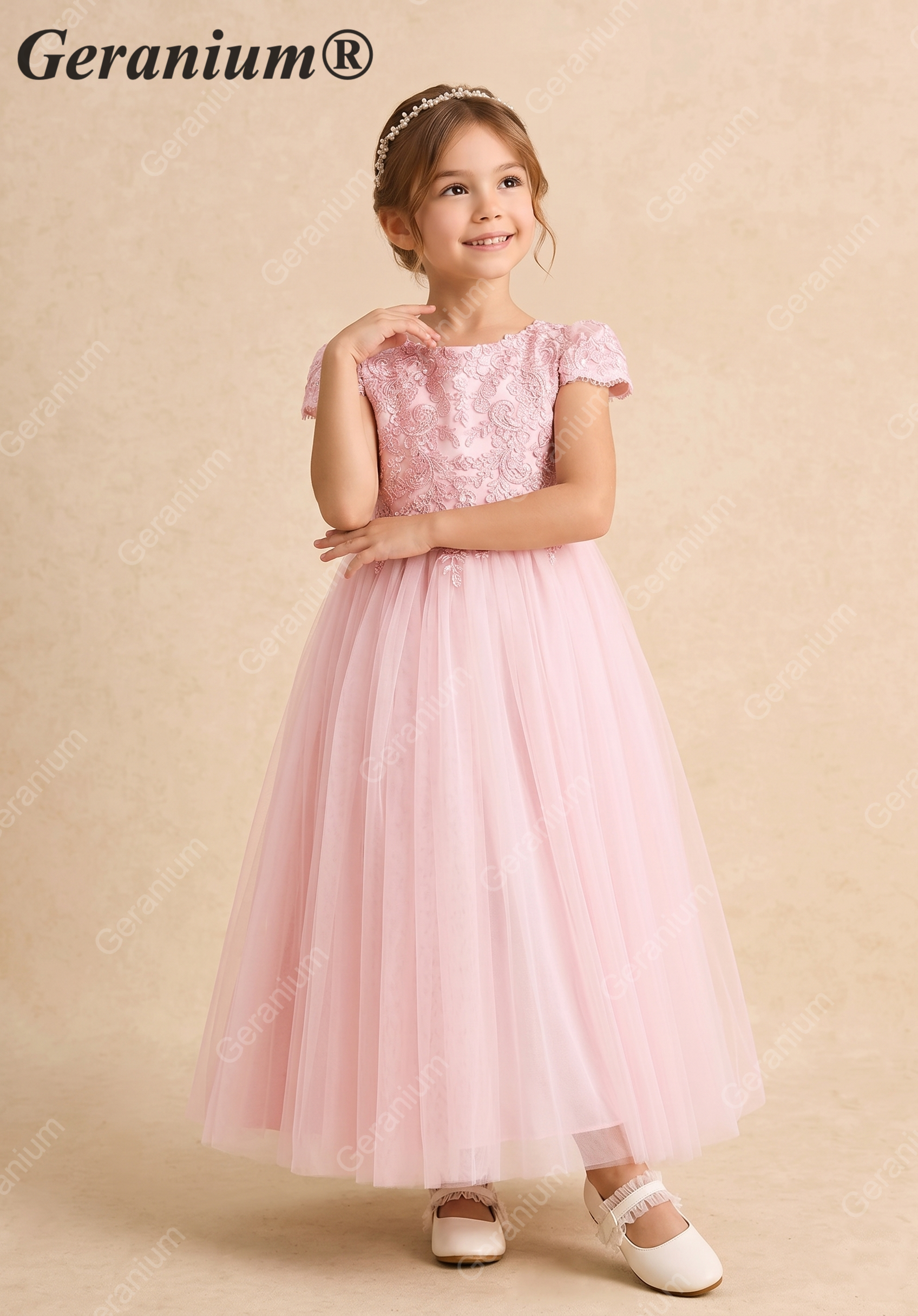 Geranium Elegant Lace Applique Tulle Flower Girl Dress - Scalloped Open Back Floor Length Ball Gown for Weddings & Special Occasions KD-212 Secondary image