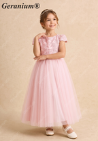 Geranium Elegant Lace Applique Tulle Flower Girl Dress - Scalloped Open Back Floor Length Ball Gown for Weddings & Special Occasions KD-212