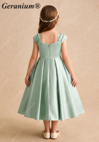 Geranium Elegant Pearl-Beaded Sage Green Satin Flower Girl Dress - Pleated A-Line Princess Party Gown for Kids KD-211