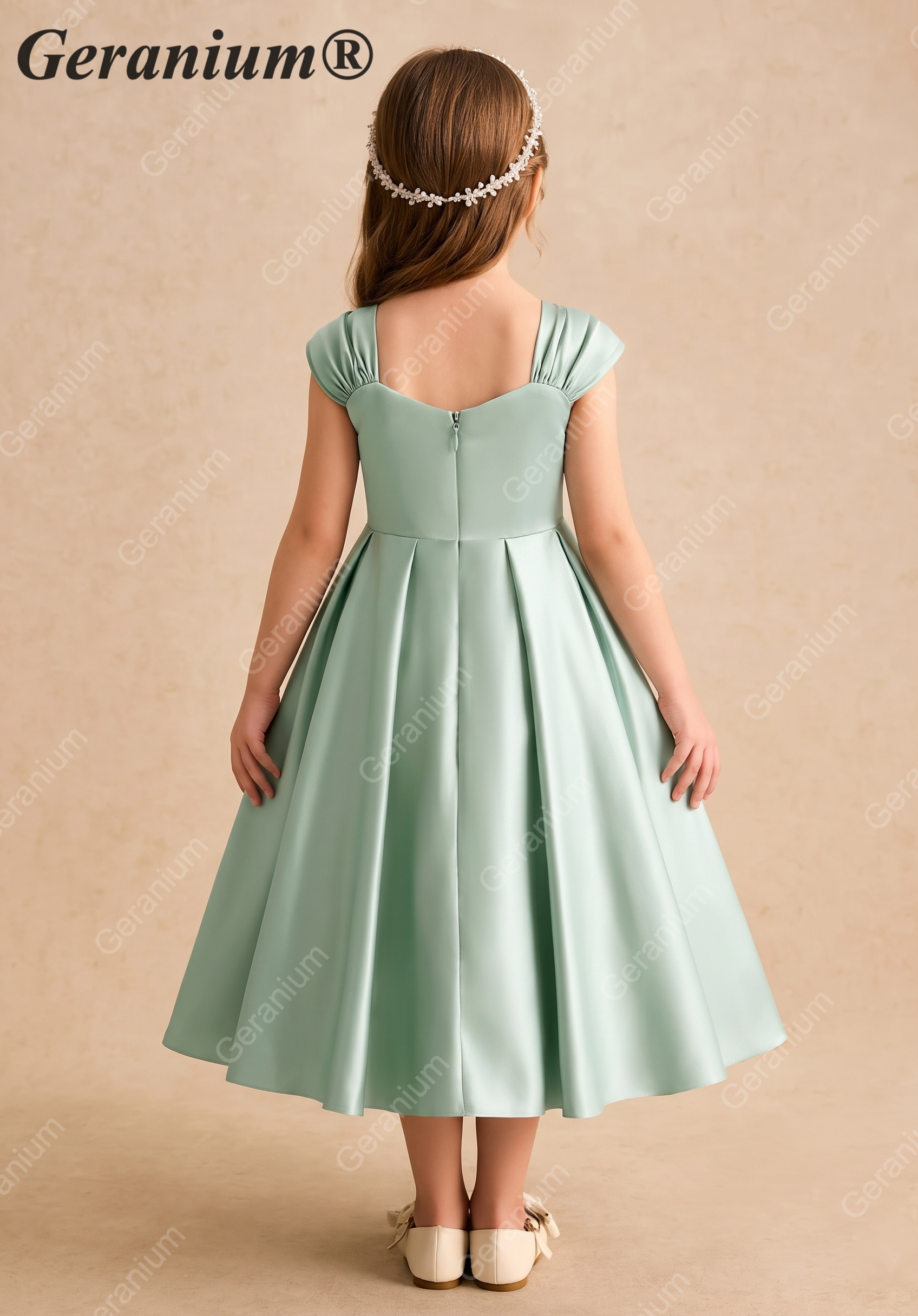 Geranium Elegant Pearl-Beaded Sage Green Satin Flower Girl Dress - Pleated A-Line Princess Party Gown for Kids KD-211