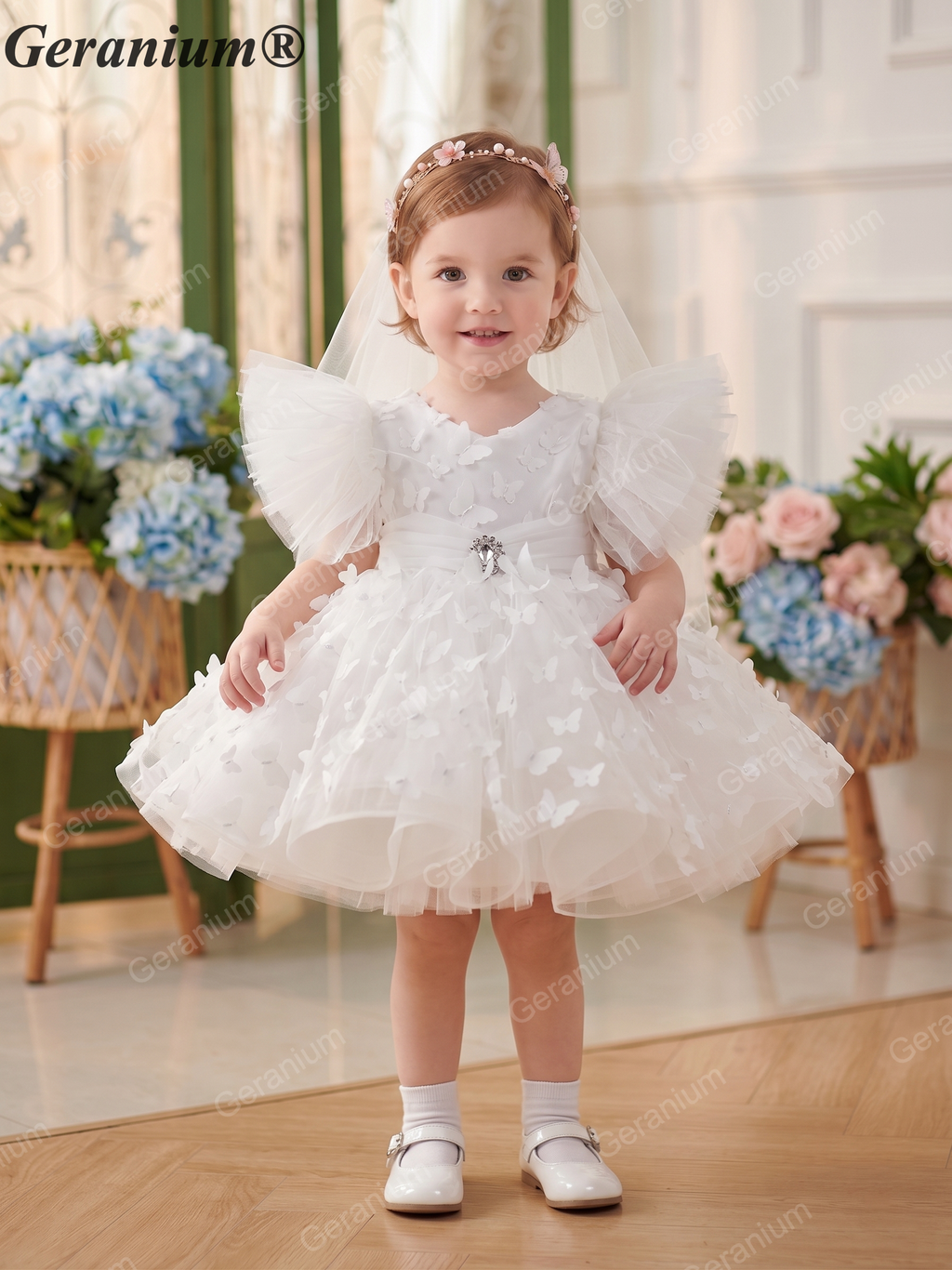 Geranium 3D Butterfly Appliqué Flower Girl Dress - Ruffled Wing Sleeves Tulle Tutu Birthday Party Gown with Matching Veil KD-372