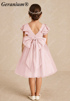 Geranium Girls Pink Ruffle Sleeve Satin Tulle Tutu Dress - Flower Girl Gown with Oversized Bow KD-219