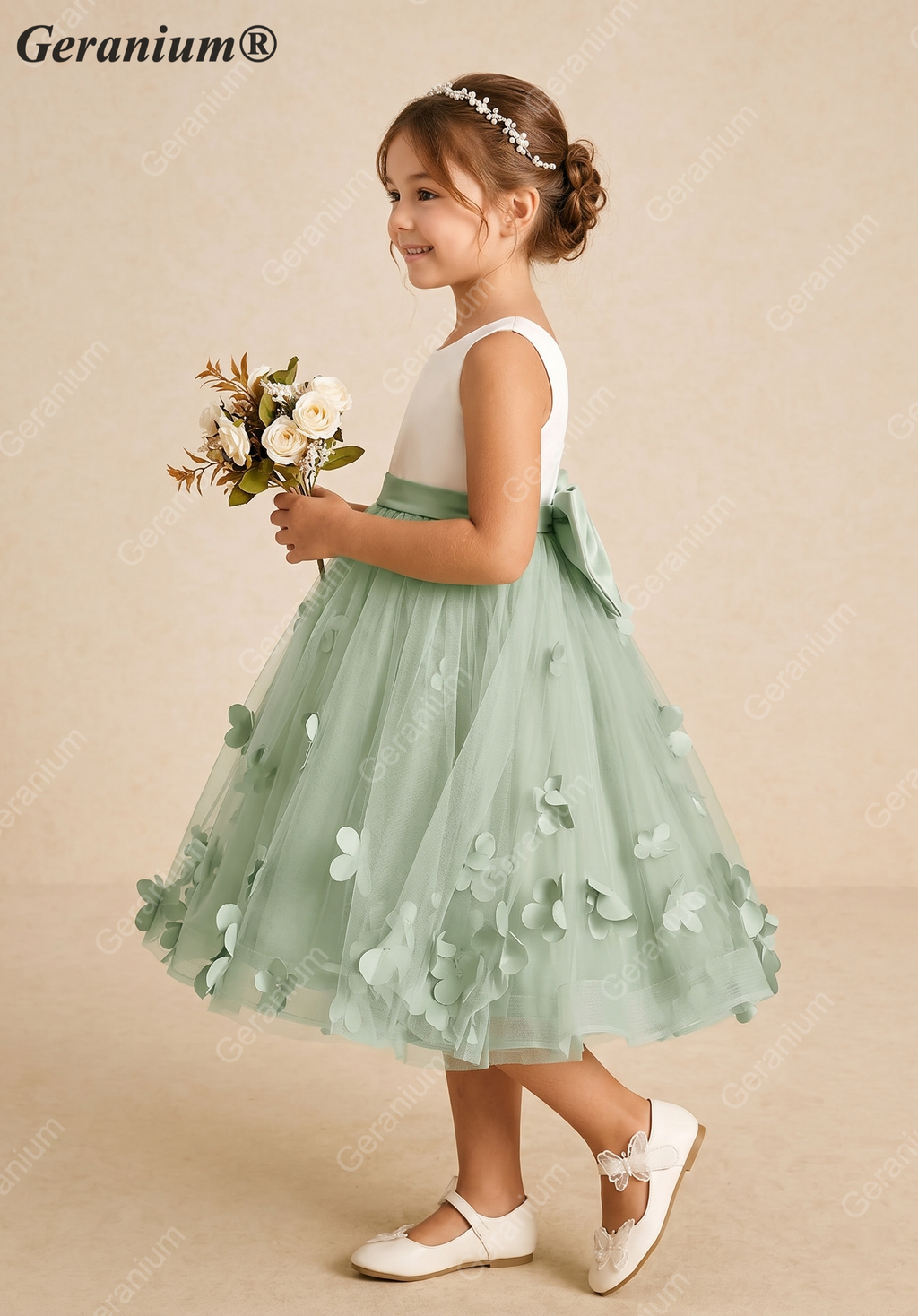 Geranium Sage Green 3D Floral Applique Flower Girl Dress - Satin & Tulle Tulle Princess Party Gown with Bow KD-192