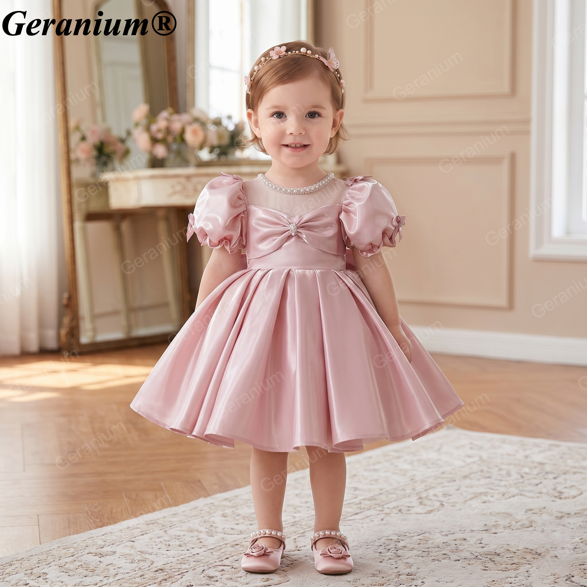 Geranium Elegant Toddler Girl Dusty Pink Satin Party Dress - Pearl Illusion Neckline Princess Gown with Statement Back Bow KD-46 Main image