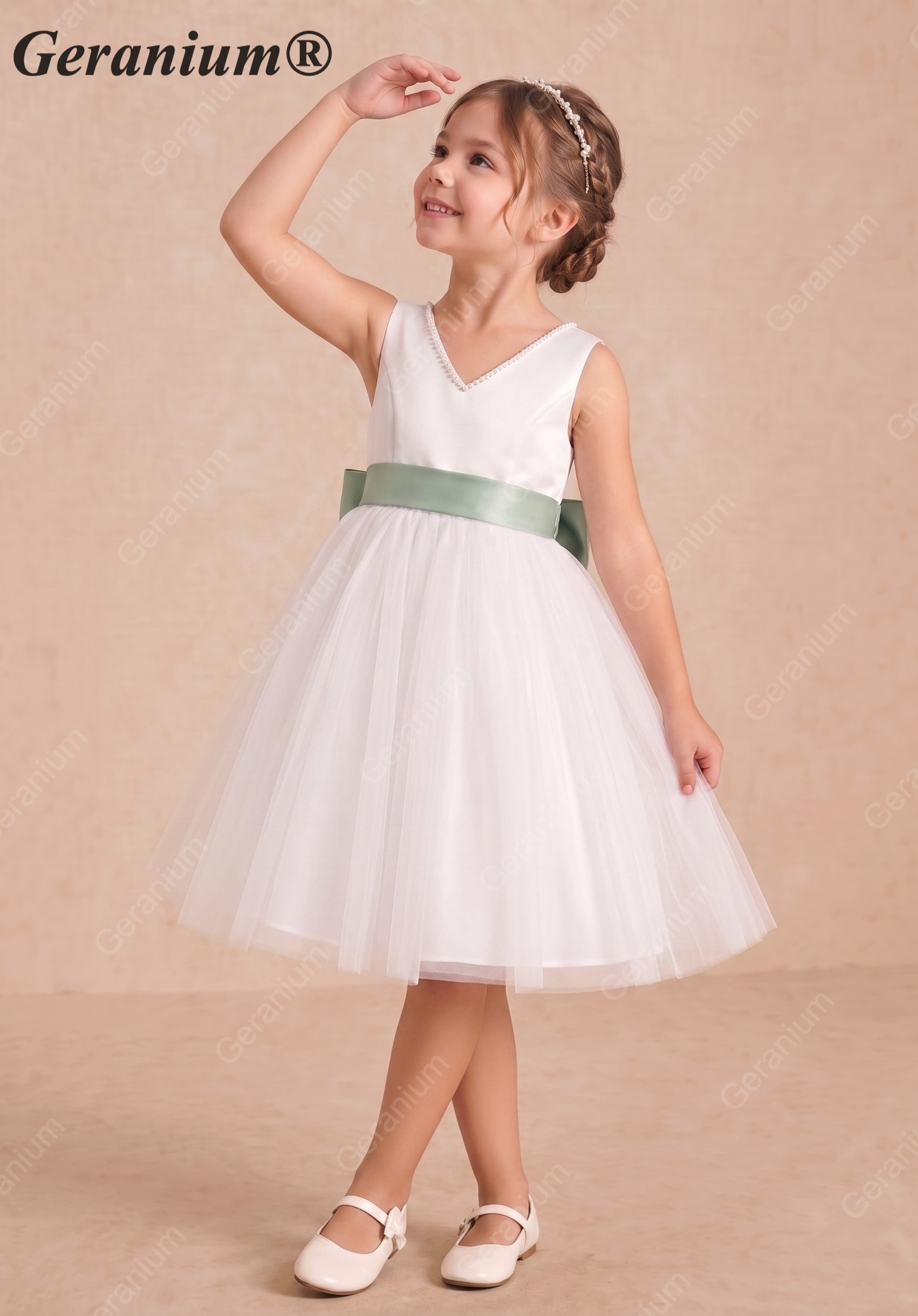 Geranium Elegant Pearl V-Neck Flower Girl Dress with Detachable Sage Green Satin Back Bow KD-298 Secondary image