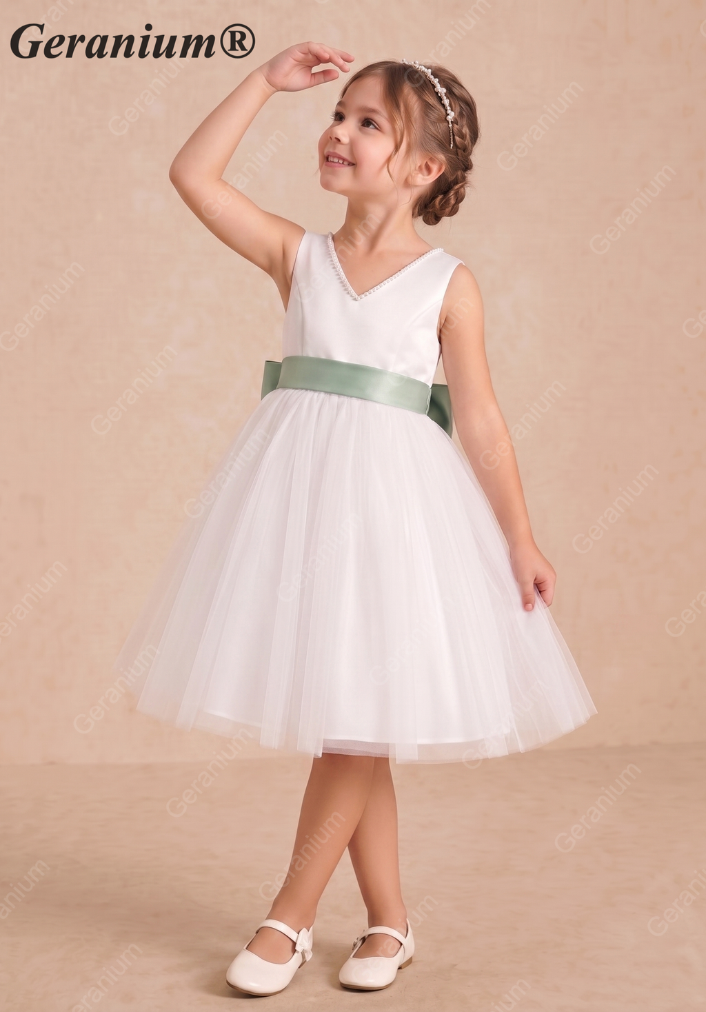 Geranium Elegant Pearl V-Neck Flower Girl Dress with Detachable Sage Green Satin Back Bow KD-298