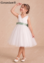 Geranium Elegant Pearl V-Neck Flower Girl Dress with Detachable Sage Green Satin Back Bow KD-298