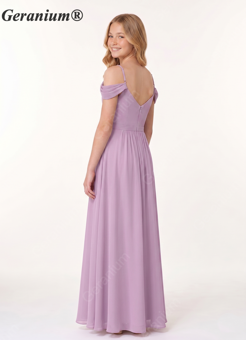 Geranium Junior Lavender Chiffon Off-Shoulder Bridesmaid Dress – A-Line Floor Length KD-58