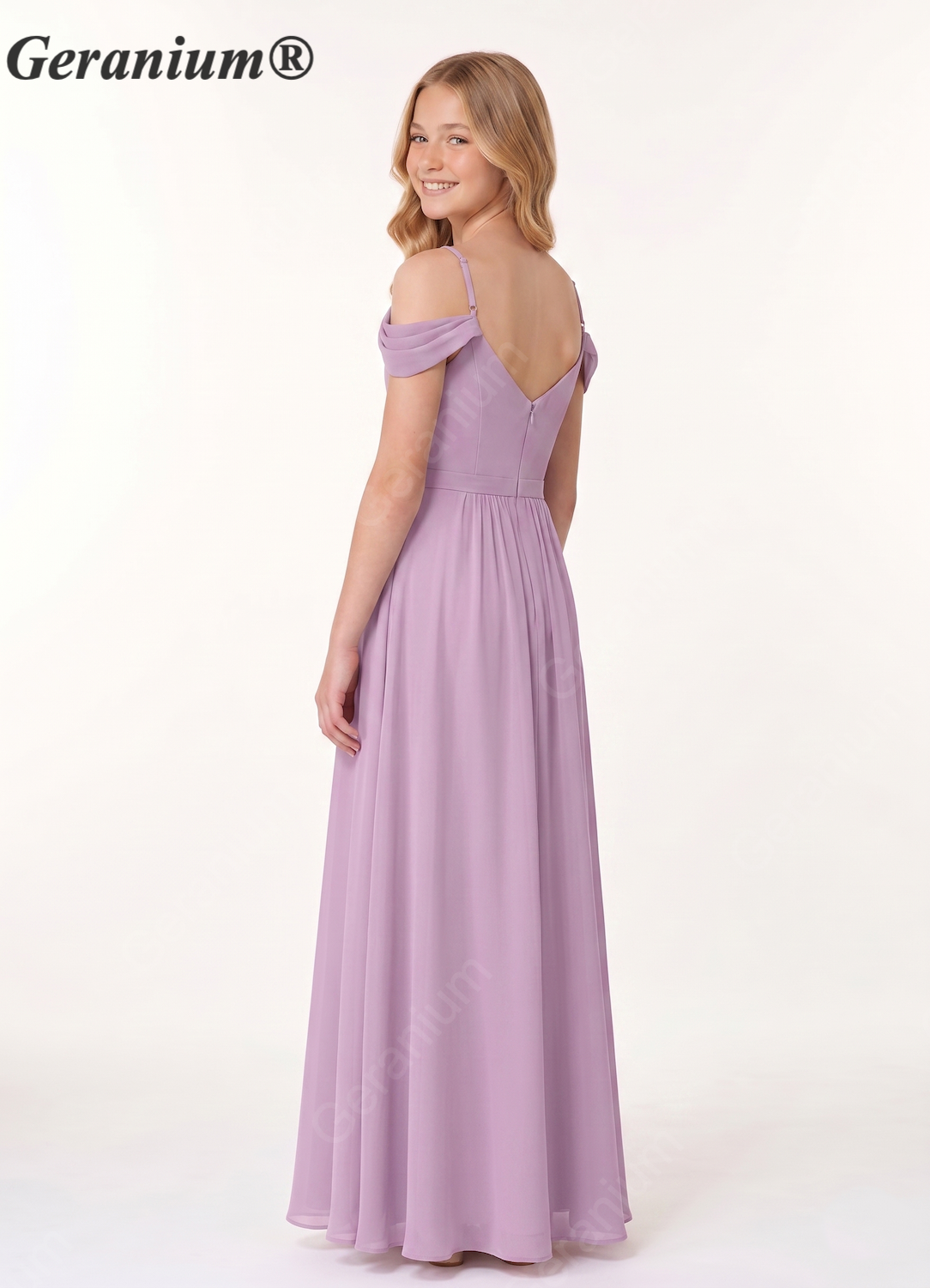 Geranium Junior Lavender Chiffon Off-Shoulder Bridesmaid Dress – A-Line Floor Length KD-58