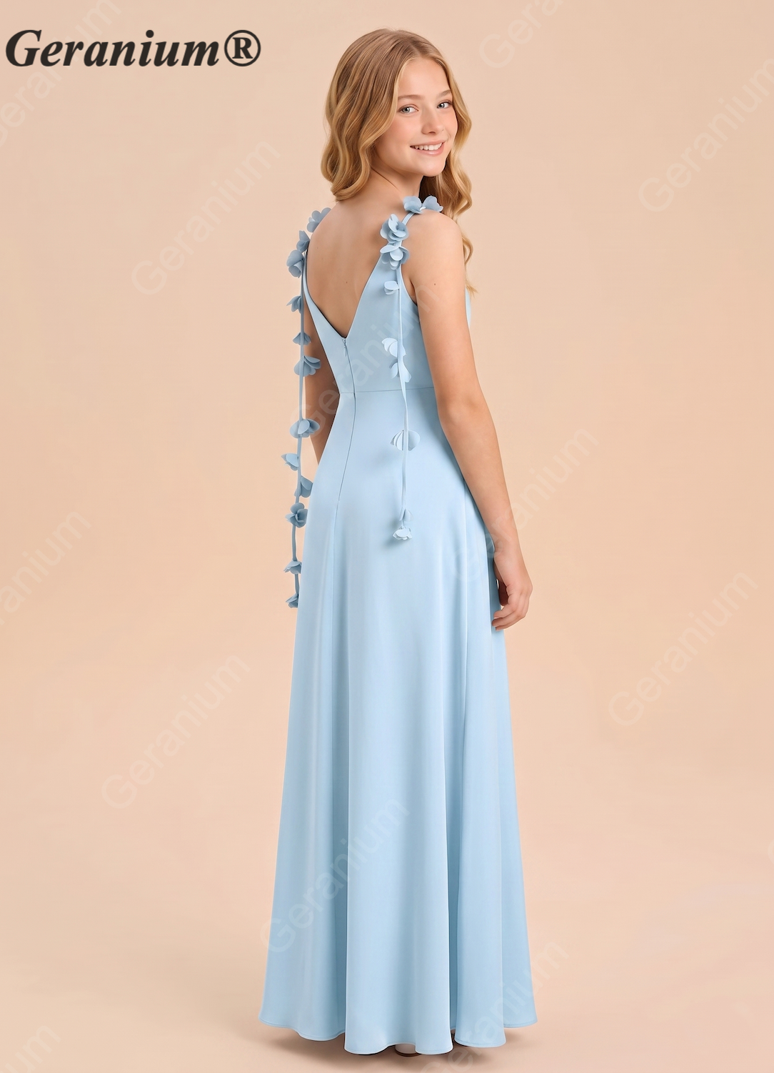 Geranium Sky Blue Floral Strap Cowl Neck Maxi Dress – Elegant Flow Bridesmaid Gown KD-81