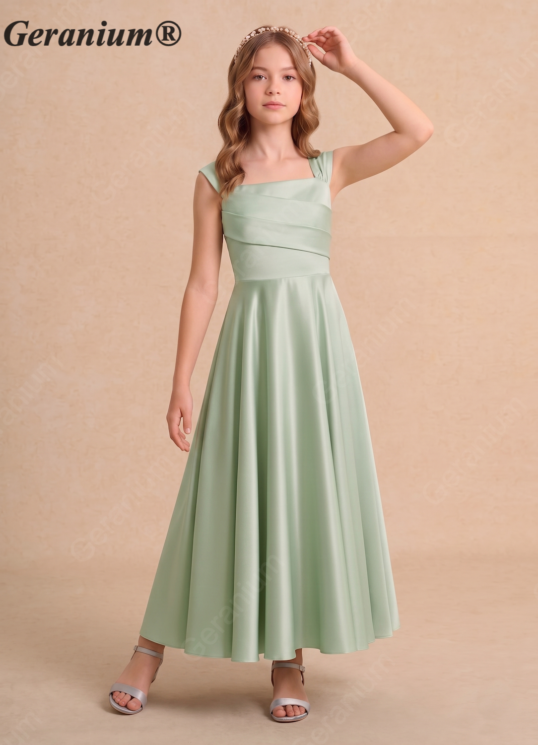 Geranium Sage Green Satin Flower Girl Dress – Square Neck Cap Sleeve A-Line Ankle Length Junior Bridesmaid Dress KD-103