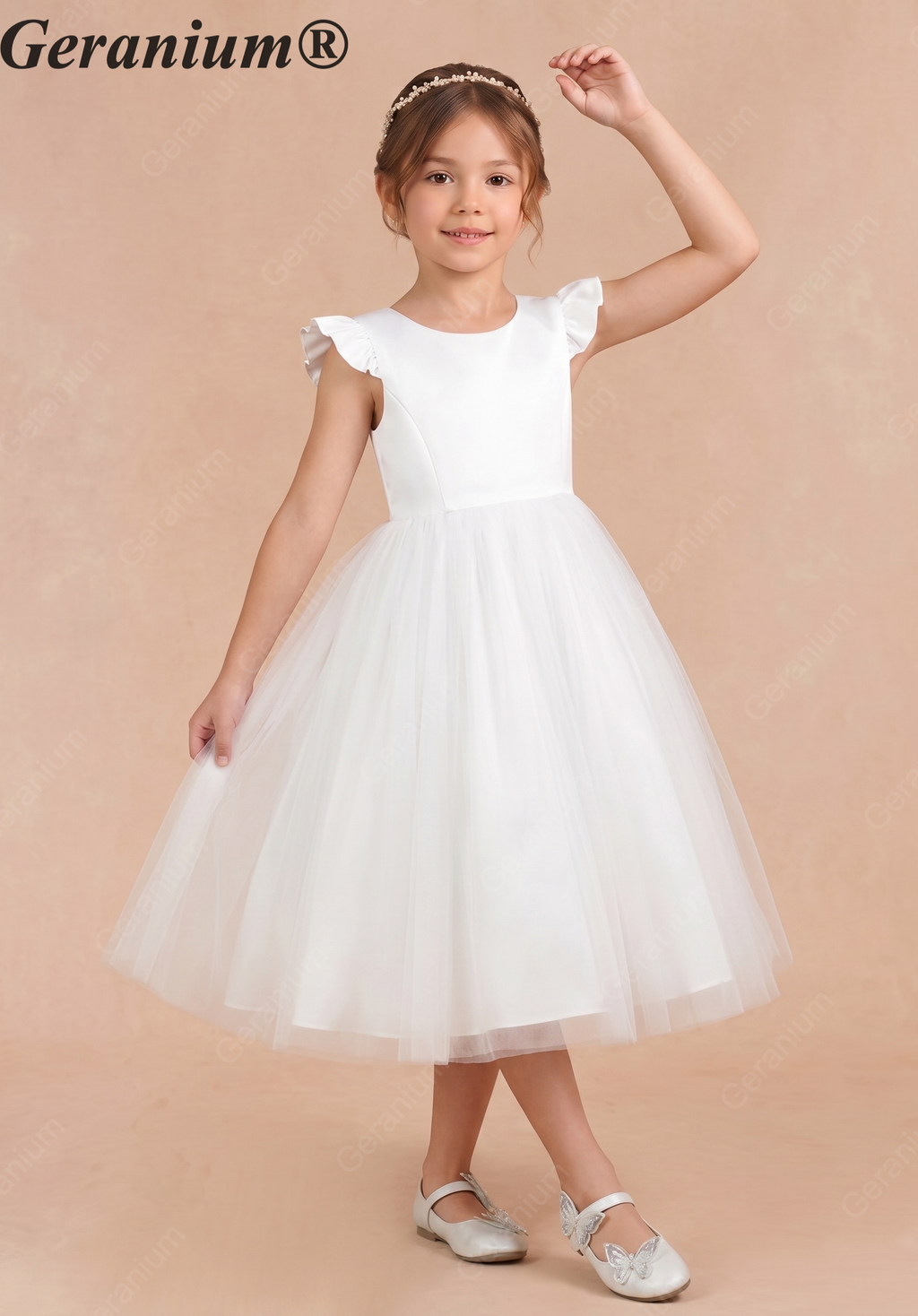 Geranium Elegant White Flower Girl Dress - Ruffle Cap Sleeve Tulle A-Line Party Gown with Optional Mauve Sash KD-272