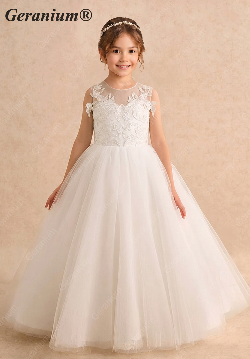 Geranium Elegant Floor-Length White Tulle Ball Gown for Girls with Sequin Appliques KD-236