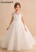 Geranium Elegant Floor-Length White Tulle Ball Gown for Girls with Sequin Appliques KD-236