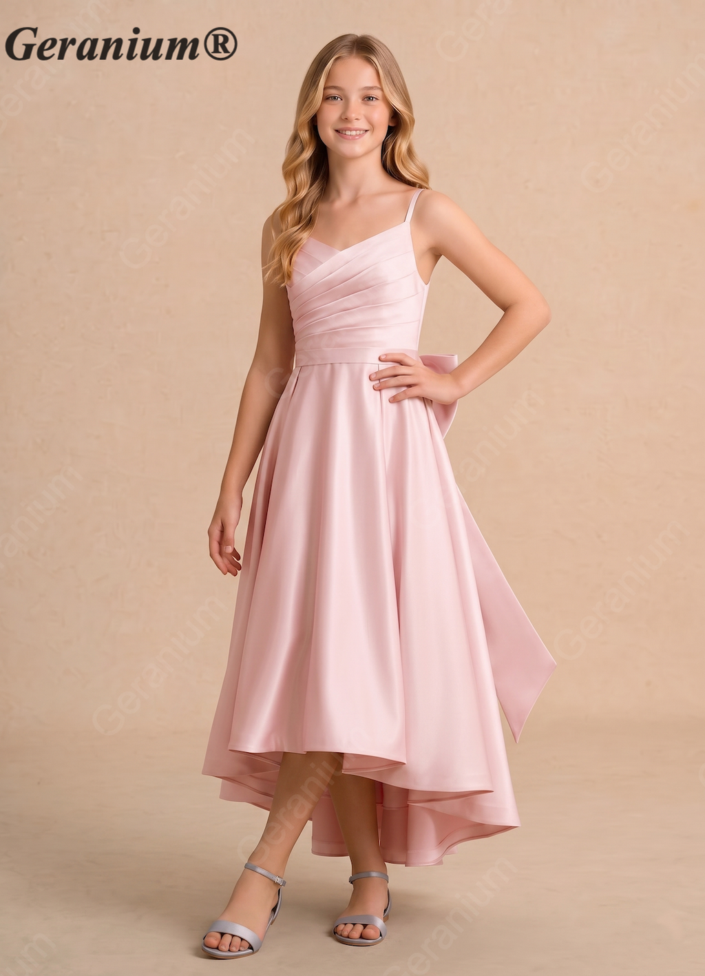 Geranium Elegant Satin High-Low Flower Girl Dress with Oversized Back Bow - Pleated Bodice KD-266