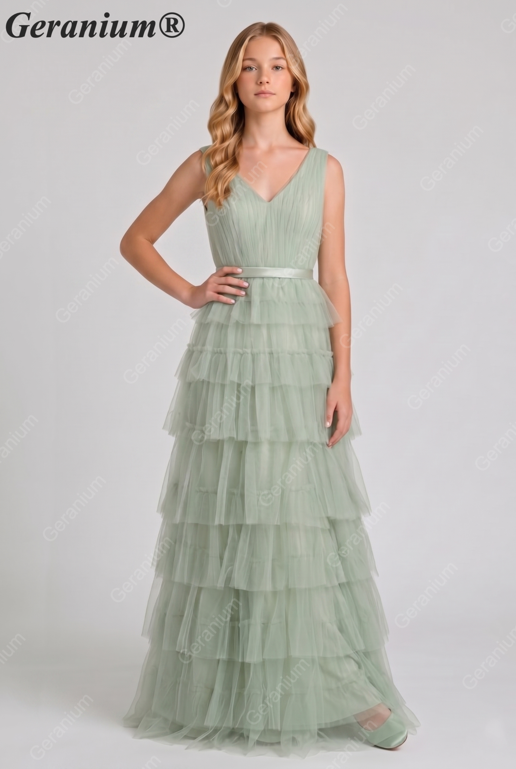 Geranium Elegant Sage Green Tiered Tulle Junior Bridesmaid Dress with V-Neck KD-334 Secondary image