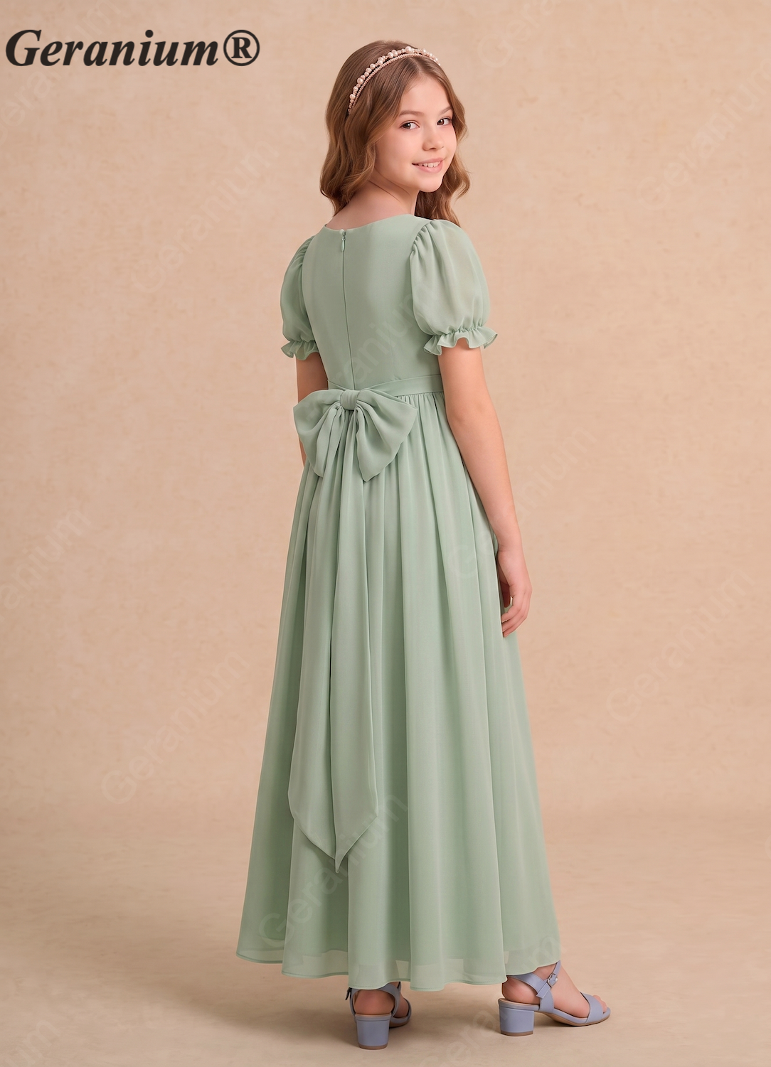 Geranium Square Neck Chiffon Junior Bridesmaid Dress with Puff Sleeves & Bow – KD-178 Secondary image