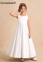 Geranium Elegant Minimalist Satin Flower Girl Dress: Open V-Back with Bow & Pleated A-Line Skirt KD-197