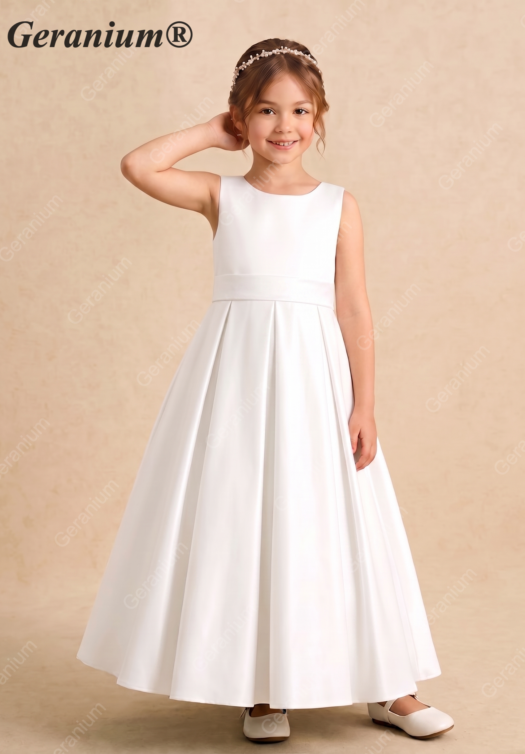 Geranium Elegant Minimalist Satin Flower Girl Dress: Open V-Back with Bow & Pleated A-Line Skirt KD-197