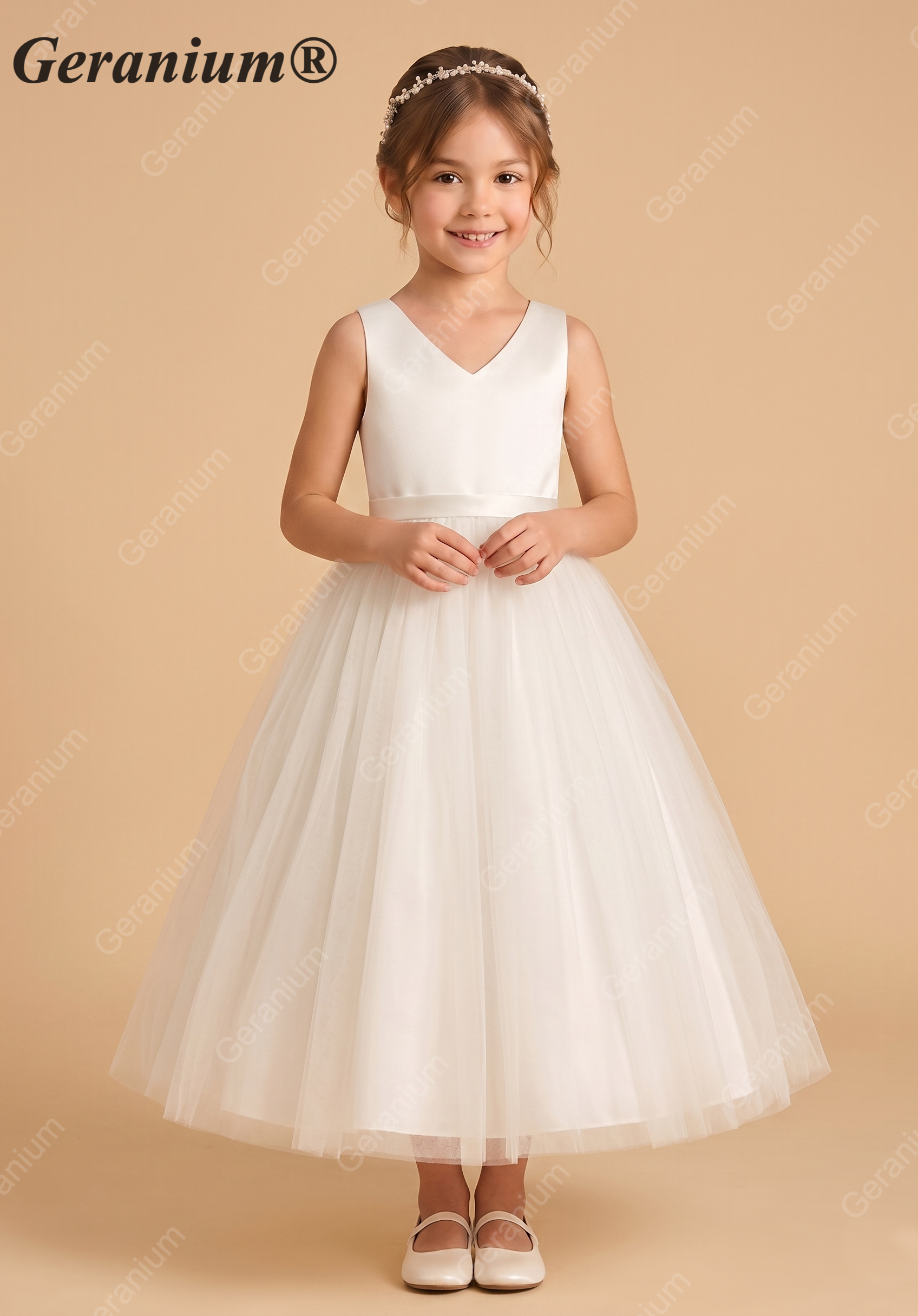 Geranium Simple V-Neck Satin & Tulle Flower Girl Dress - Elegant A-Line Ball Gown with Oversized Back Bow KD-199 Main image