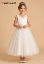 Geranium Simple V-Neck Satin & Tulle Flower Girl Dress - Elegant A-Line Ball Gown with Oversized Back Bow KD-199
