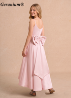 Geranium Elegant Satin High-Low Flower Girl Dress with Oversized Back Bow - Pleated Bodice KD-266