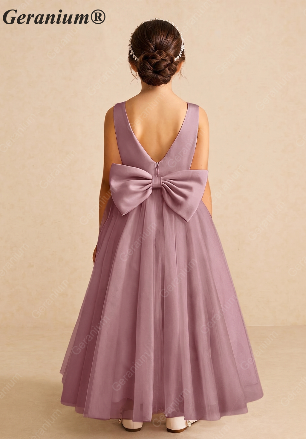Geranium Elegant Dusty Lavender Satin Flower Girl Dress - Layered Tiered Train & Detachable Bow Back KD-189