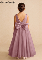 Geranium Elegant Dusty Lavender Satin Flower Girl Dress - Layered Tiered Train & Detachable Bow Back KD-189