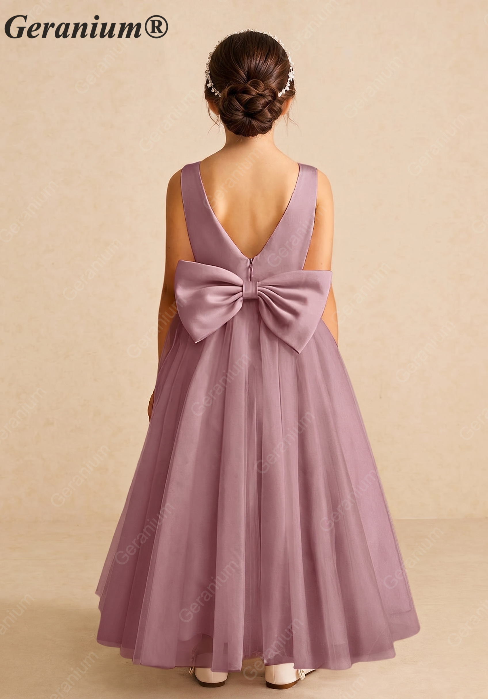 Geranium Elegant Dusty Lavender Satin Flower Girl Dress - Layered Tiered Train & Detachable Bow Back KD-189