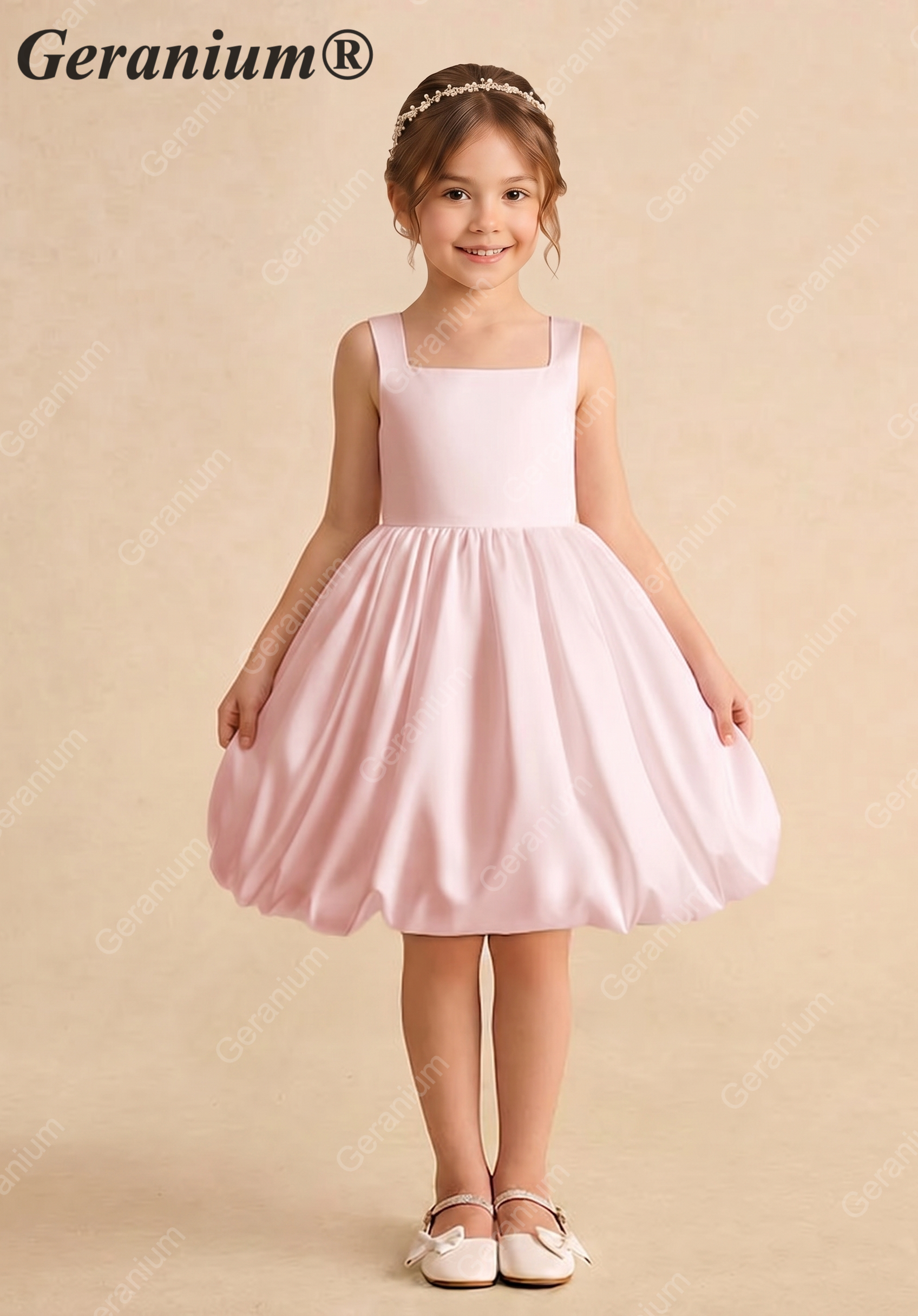 Geranium Girl's Pink Satin Flower Girl Dress - Sweet Heart Cut-Out Back Bubble Hem Party Gown KD-226 Main image