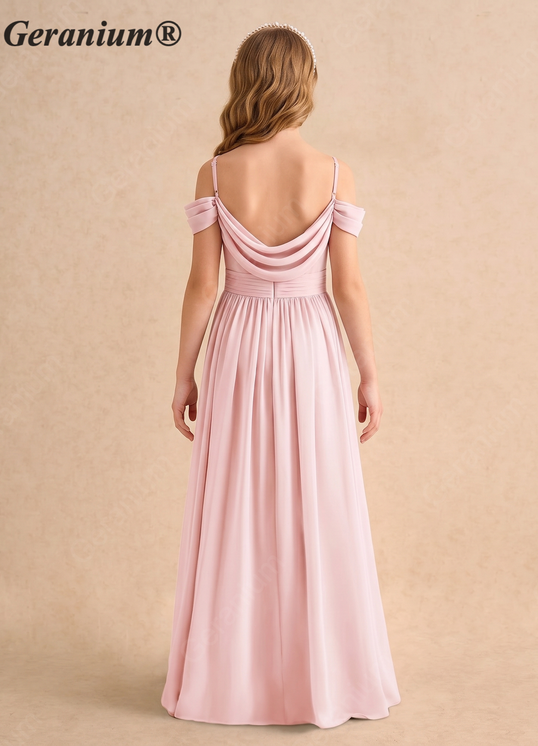 Geranium Elegant Blush Pink Chiffon Cold-Shoulder Junior Bridesmaid Dress with Draped Back KD-171